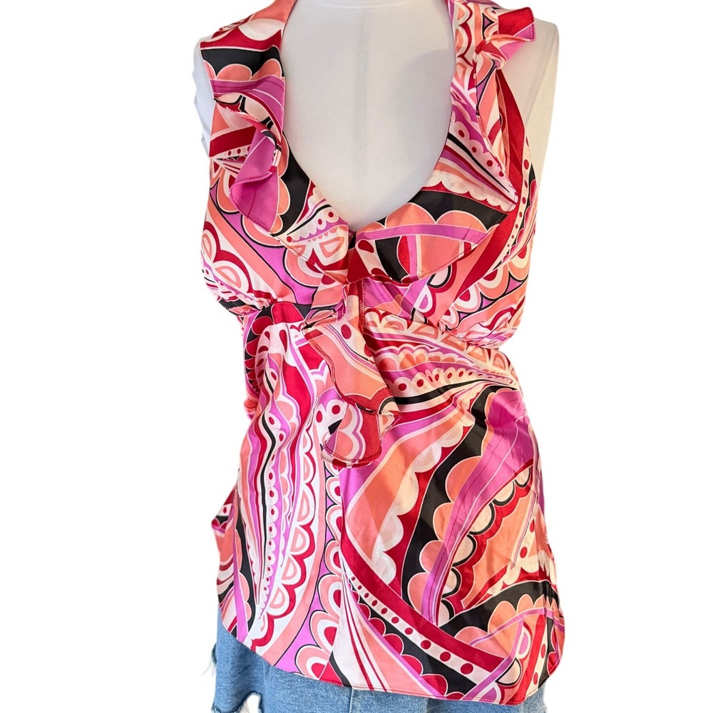 Spense Y2K Halter Top XL Pink Psychedelic Ruffle Neck Sleeveless Blouse